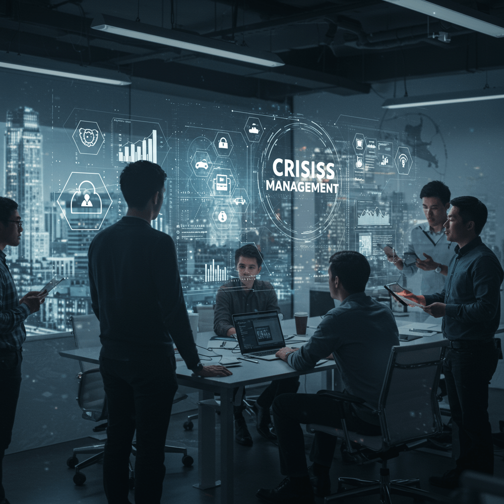 Diverse tech professionals collaborating in a modern office with a UK cityscape backdrop, symbolising crisis management, resilience, and leadership in UK startups.