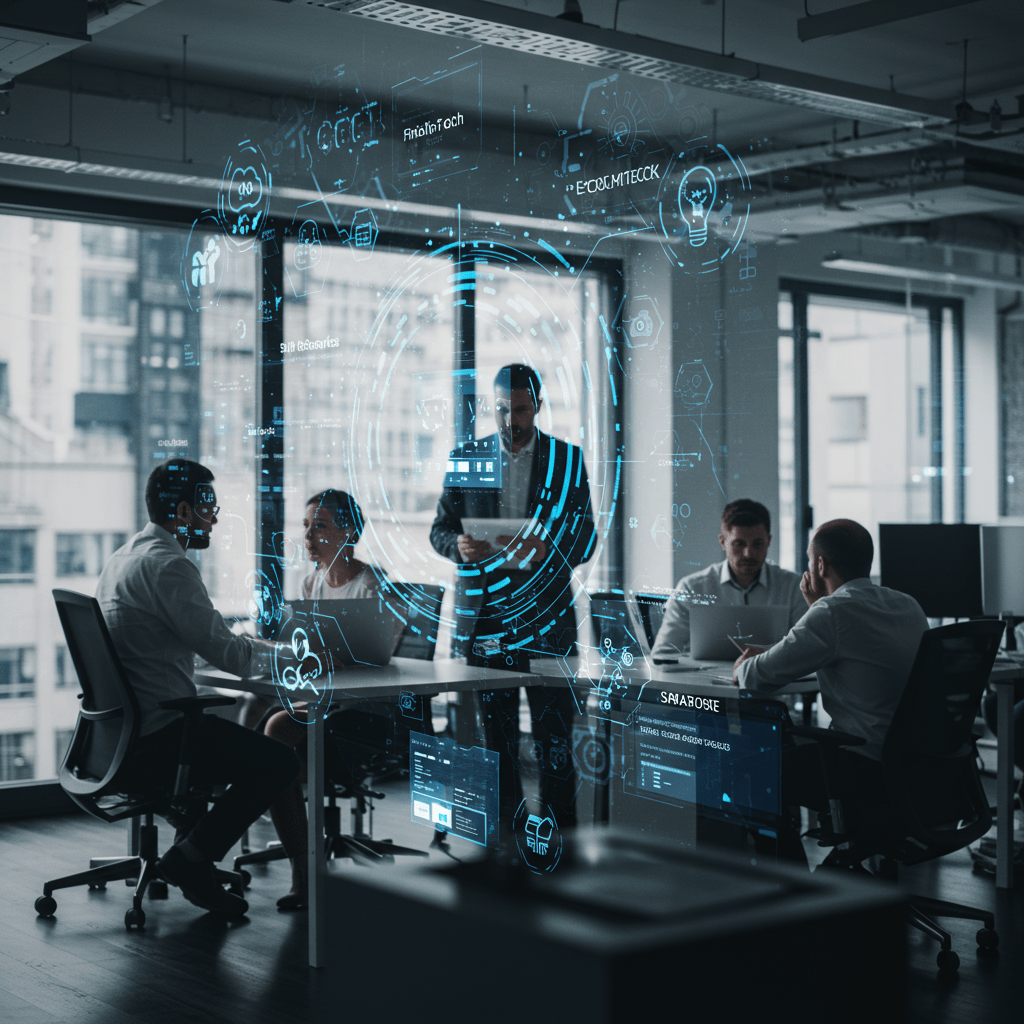 Diverse professionals collaborating in a modern office with digital technology overlays representing FinTech, HealthTech, E-commerce, and SaaS industries, symbolising tailored CTO services for UK startups.