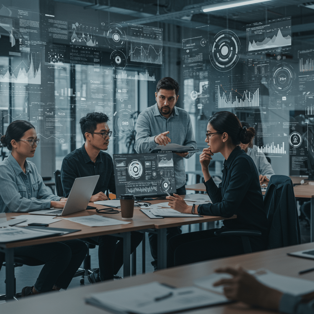 Diverse tech professionals collaborating in a modern office with digital data screens, symbolising crisis management and resilient leadership in a UK tech startup