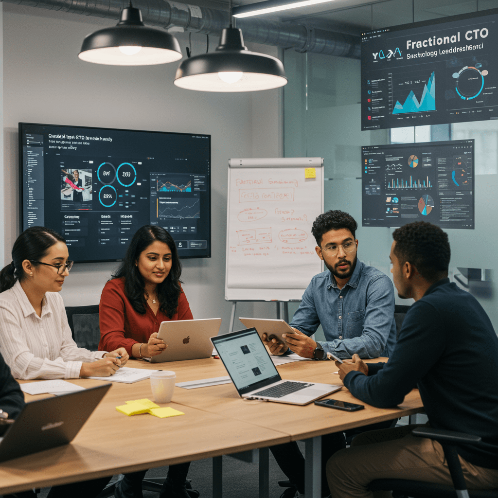 A professional UK startup office environment showing a diverse team collaborating with technology devices, charts, and digital interfaces symbolising fractional CTO services, technology leadership, and business growth