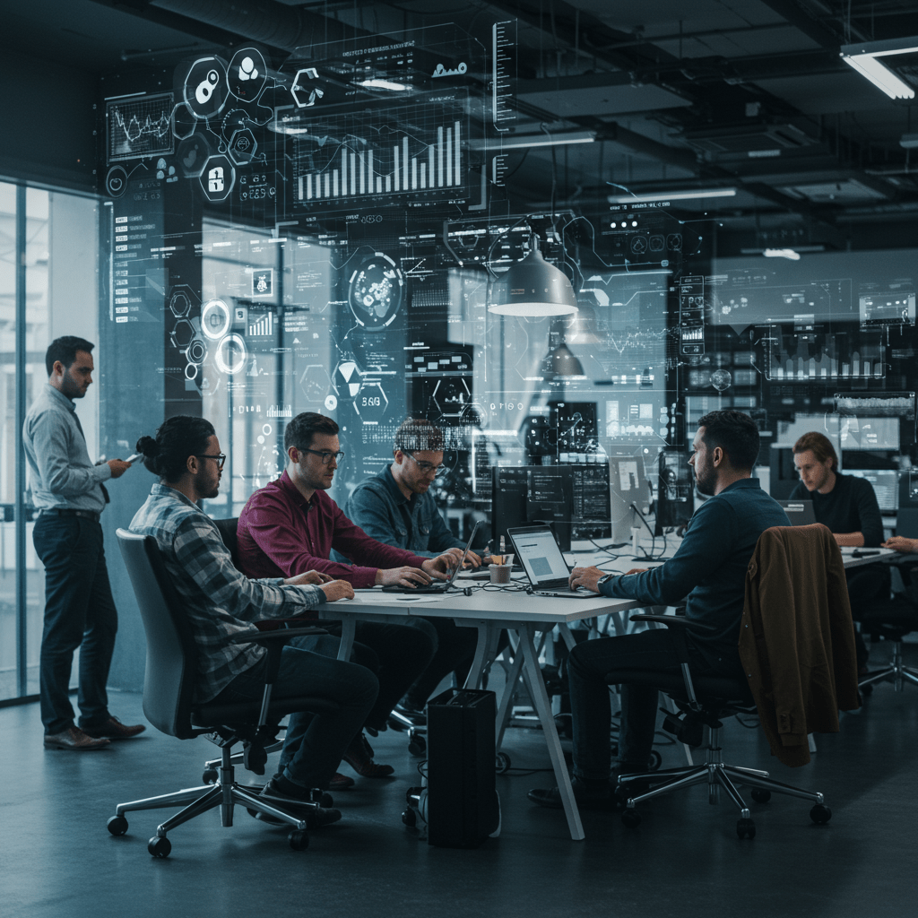 Diverse tech professionals collaborating in a modern office with digital screens showing data and technology icons, representing crisis management and leadership in UK startups and SMEs.