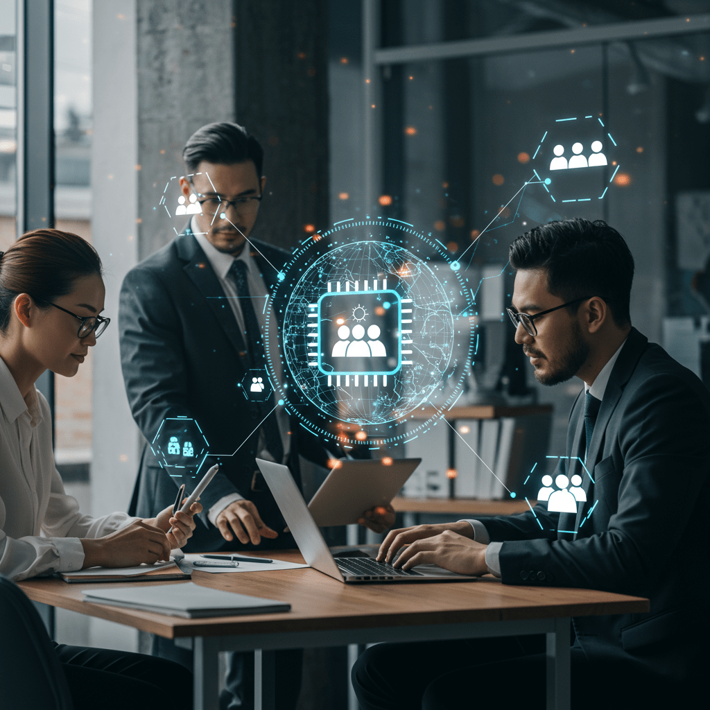 Diverse professionals collaborating in a modern office with digital AI and automation icons symbolising global enterprise recruitment and automated staffing solutions.