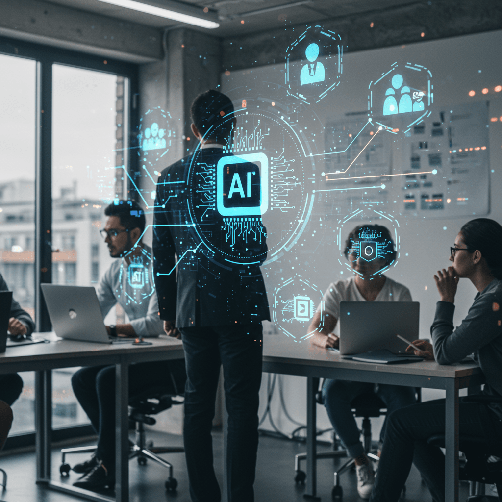 Diverse professionals collaborating in a modern office with digital AI and technology icons, symbolising CTO advisory services and AI-driven tech recruitment in the UK