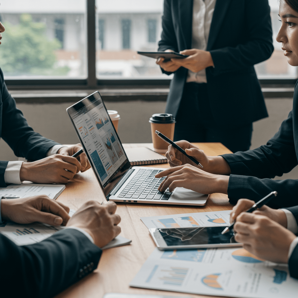 Diverse business team collaborating around a laptop in a modern office, symbolizing fractional CTO services and strategic technology leadership for startups and SMEs.