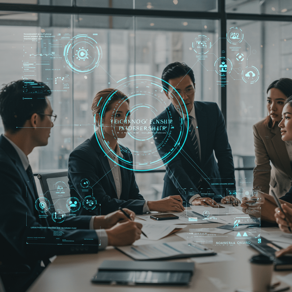 A professional business meeting with diverse team discussing technology leadership and pricing models in a modern office setting with digital technology elements.