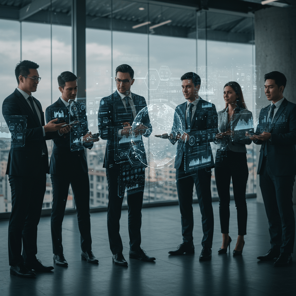 Diverse business professionals collaborating with futuristic AI technology and digital data streams symbolising global business growth and AI-driven innovation