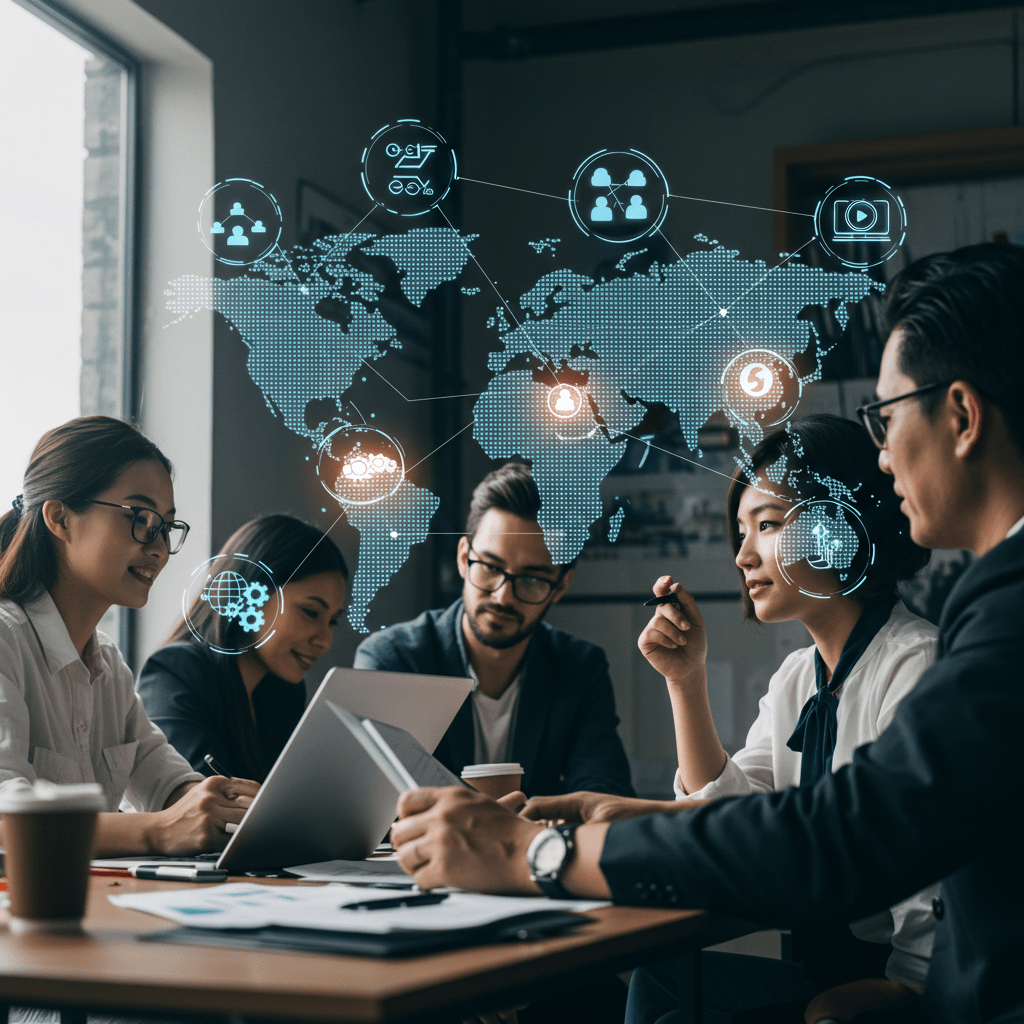 Diverse professionals collaborating remotely with digital global network and technology icons, symbolizing international market expansion and fractional CTO leadership for startups and SMEs