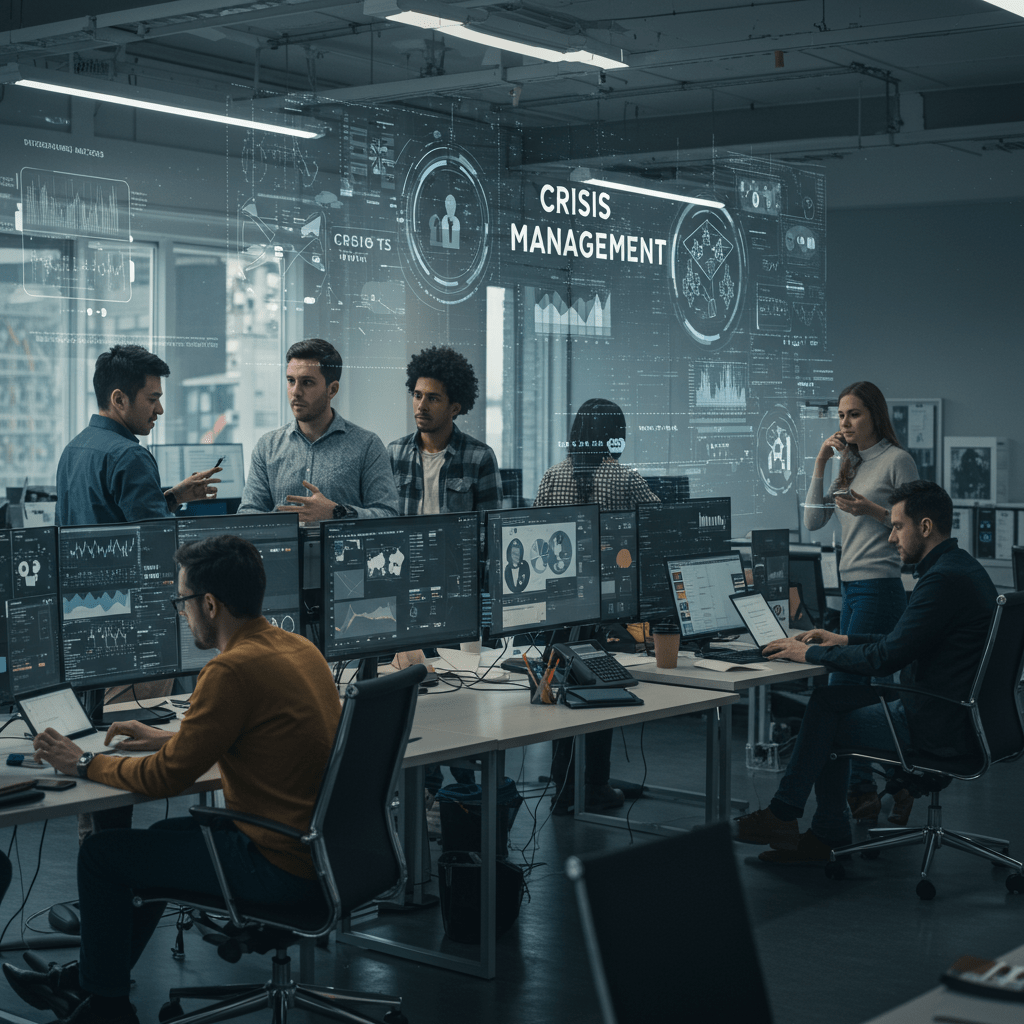 Diverse tech team collaborating in a modern office with digital crisis management tools, symbolising resilience and teamwork in a UK startup environment