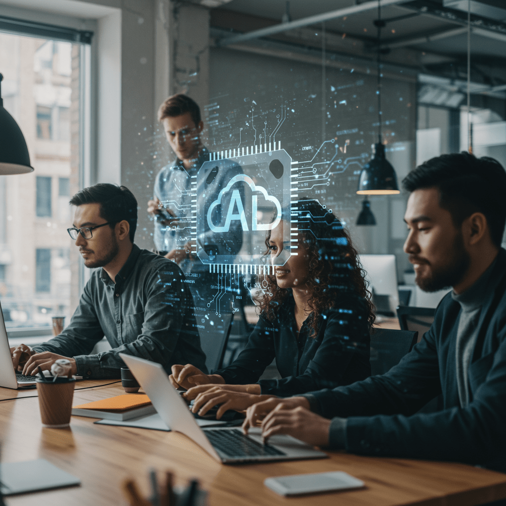Diverse tech professionals collaborating in a modern office with digital technology elements representing AI and cloud computing, symbolizing leadership and innovation in startups and SMEs.