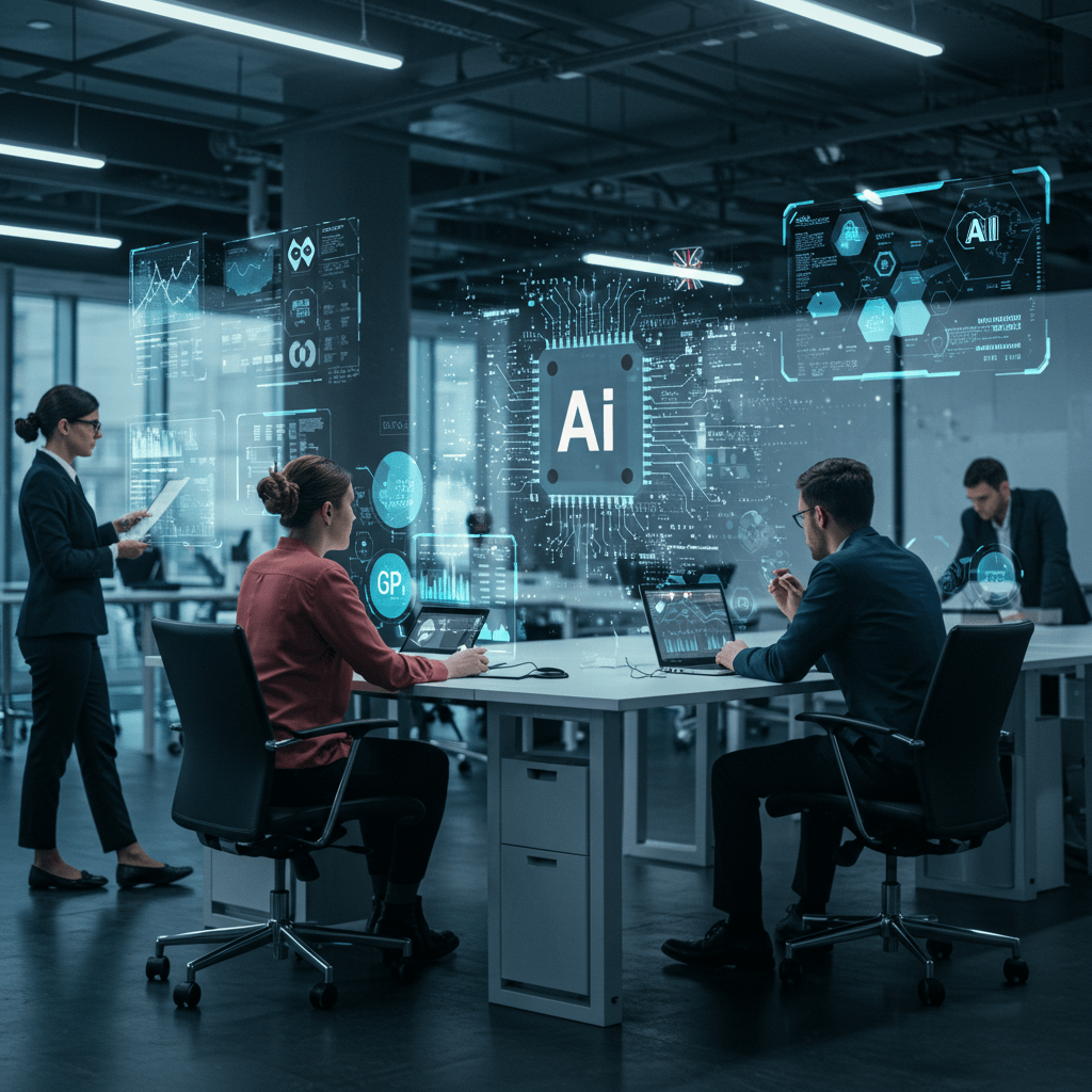 Diverse UK startup and SME professionals collaborating with AI technology in a modern business environment symbolising innovation and growth