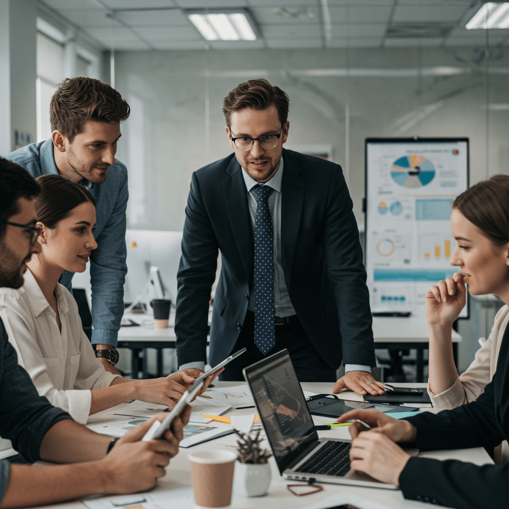 Diverse startup team collaborating with a fractional CTO in a modern office, focusing on technology strategy and scalable growth