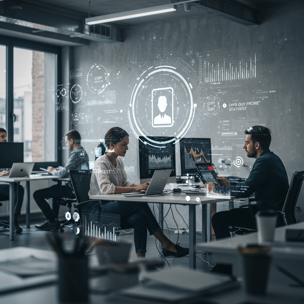 Diverse professionals collaborating with futuristic AI technology interfaces and digital recruitment data overlays in a modern office, representing AI-driven tech recruitment and CTO insight in a UK startup environment