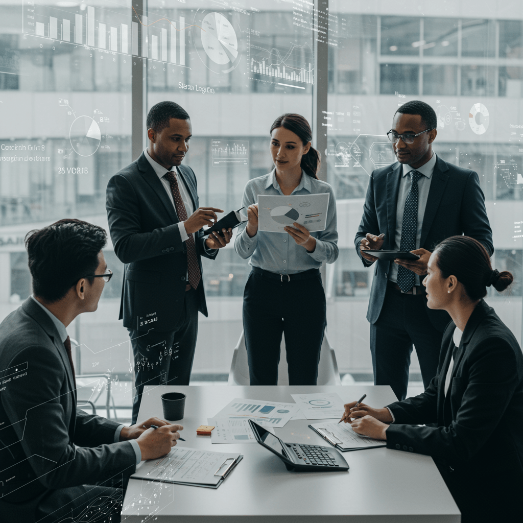 Diverse business team discussing technology and finance with digital charts and futuristic interface elements in a professional setting