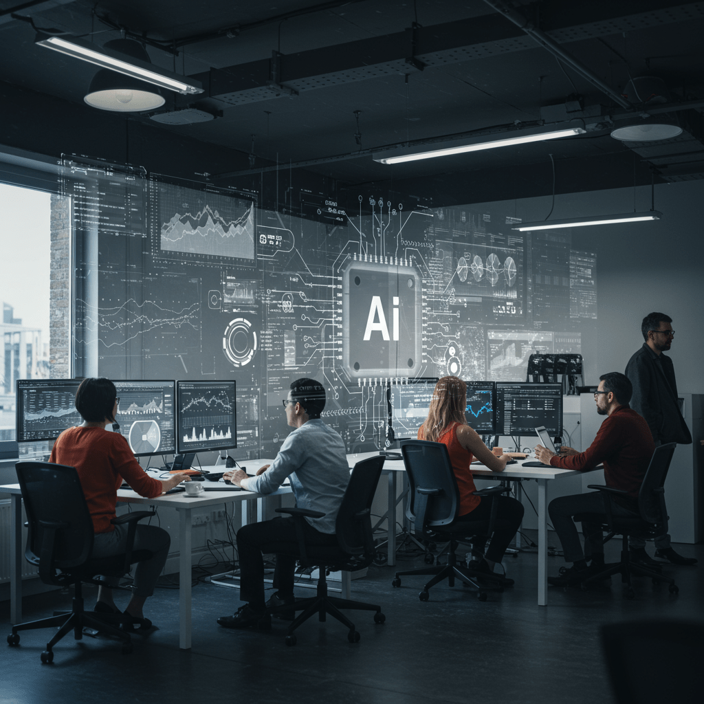 A modern office environment showing a diverse team of professionals collaborating with futuristic AI technology interfaces and digital data analytics screens, symbolising AI integration in CTO services for startups and SMEs in the UK tech market.
