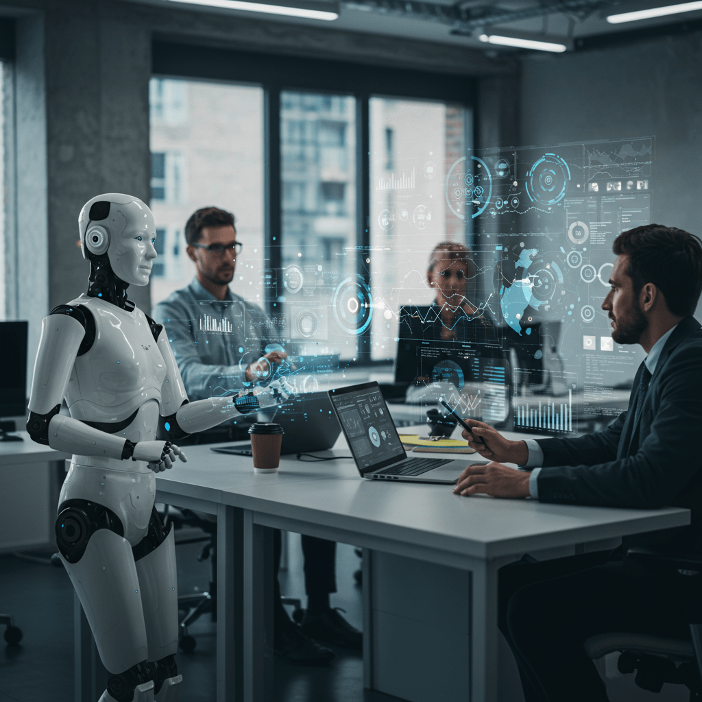 Futuristic office with AI humanoid robots and digital interfaces collaborating with business professionals in a modern UK startup environment.