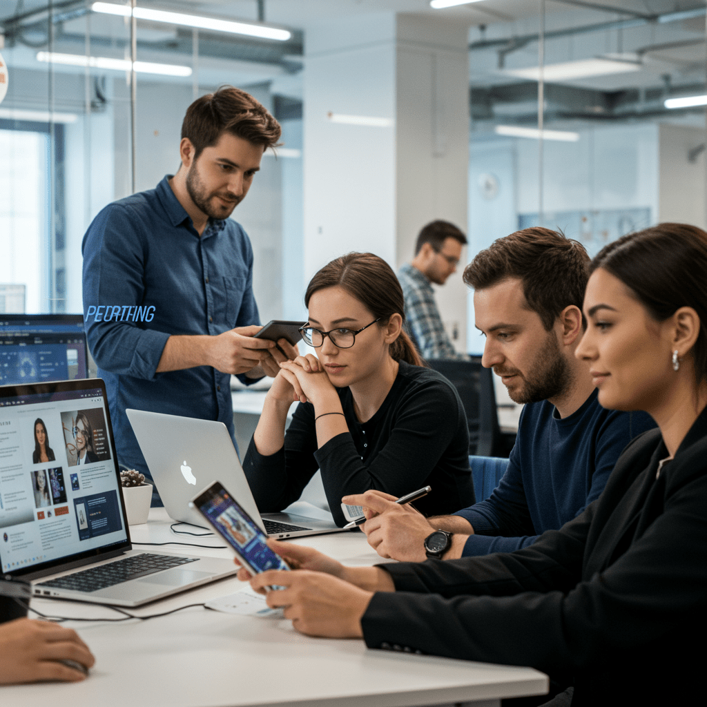 Diverse professionals collaborating in a modern office with digital devices, representing tech leadership and AI-driven recruitment in a UK startup environment