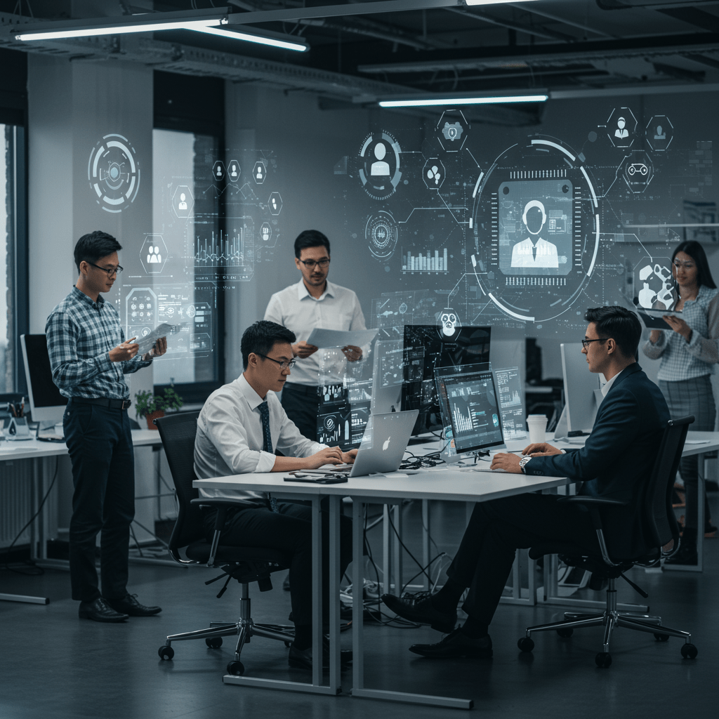 Diverse professionals collaborating with futuristic AI technology interfaces in a modern office, symbolising AI-enhanced hiring processes and teamwork
