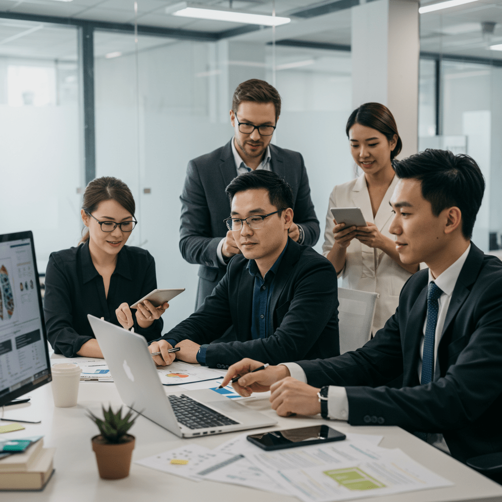Diverse business professionals collaborating in a modern office environment, symbolising technology leadership and strategic planning for UK startups and SMEs