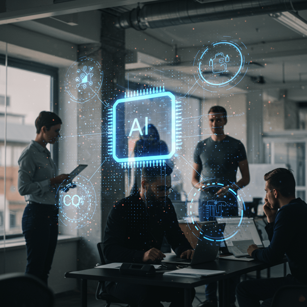 Diverse professionals collaborating in a modern office with AI digital interface overlays, representing AI-driven recruitment and fractional CTO leadership in UK tech startups and SMEs