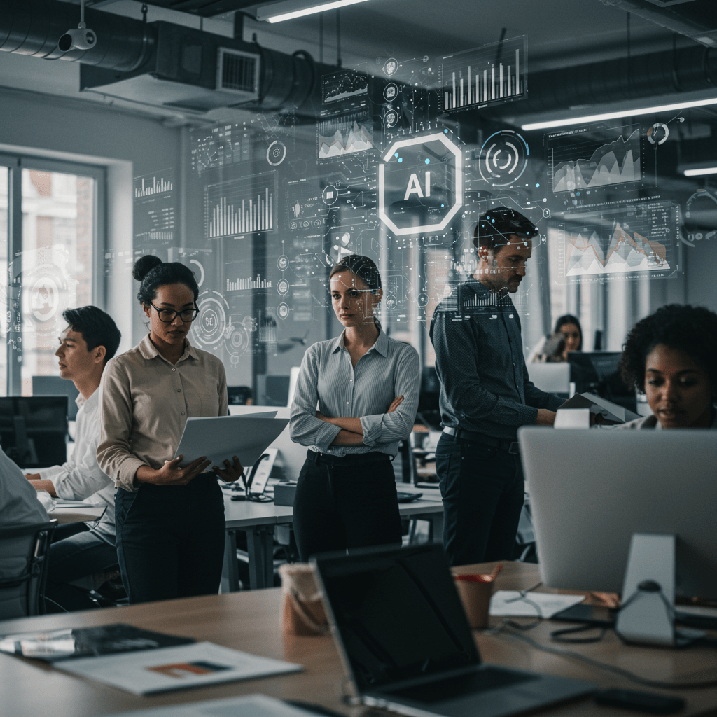 Diverse UK tech professionals collaborating with AI technology elements in a modern office, representing AI-powered crisis management and scalable tech leadership for startups and SMEs