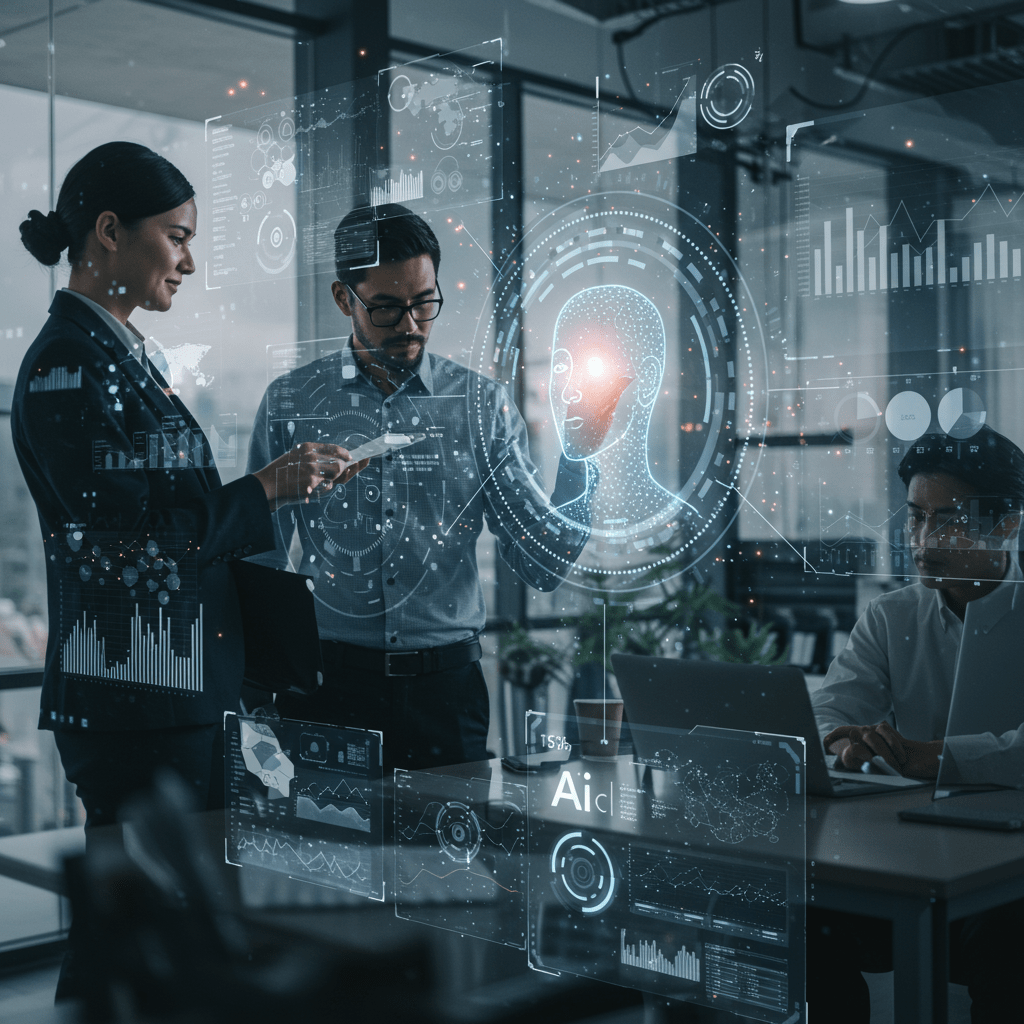 Diverse professionals collaborating with advanced AI technology and digital interfaces in a modern office environment, symbolising AI-driven business solutions and innovation