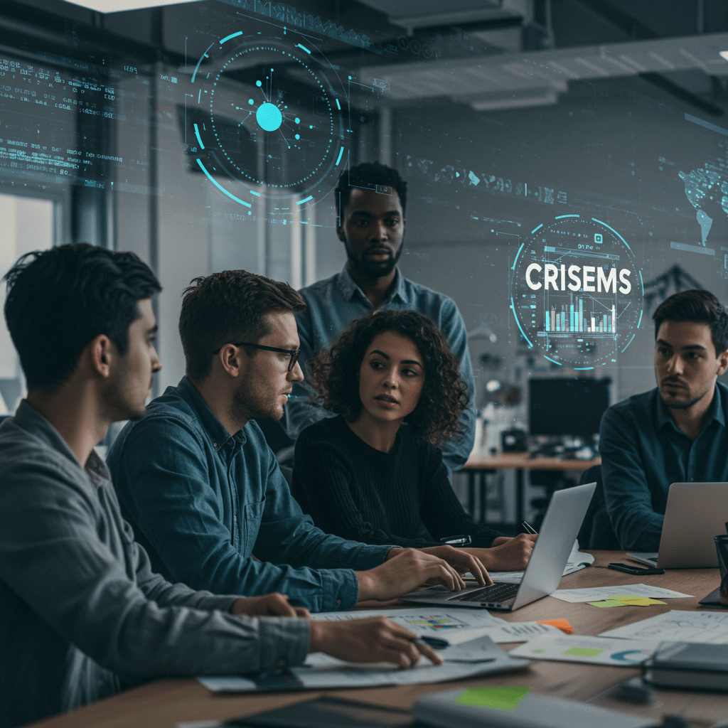 A diverse team of tech professionals collaborating in a modern office with digital technology and resilience symbols, representing fractional CTO support and crisis-ready tech teams for UK startups and SMEs