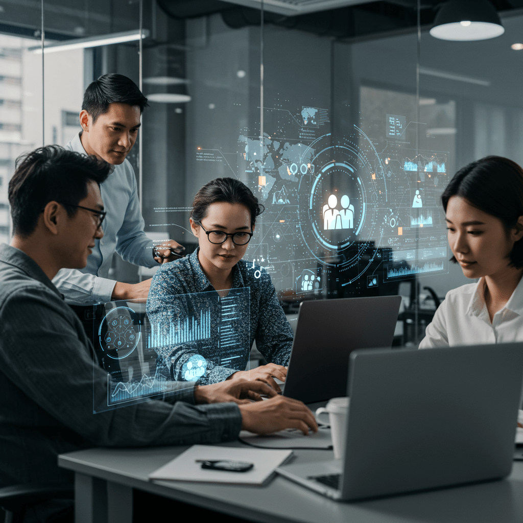 Diverse team collaborating in a modern office with digital technology and AI elements symbolising outsourcing, tech recruitment, and fractional CTO services integration