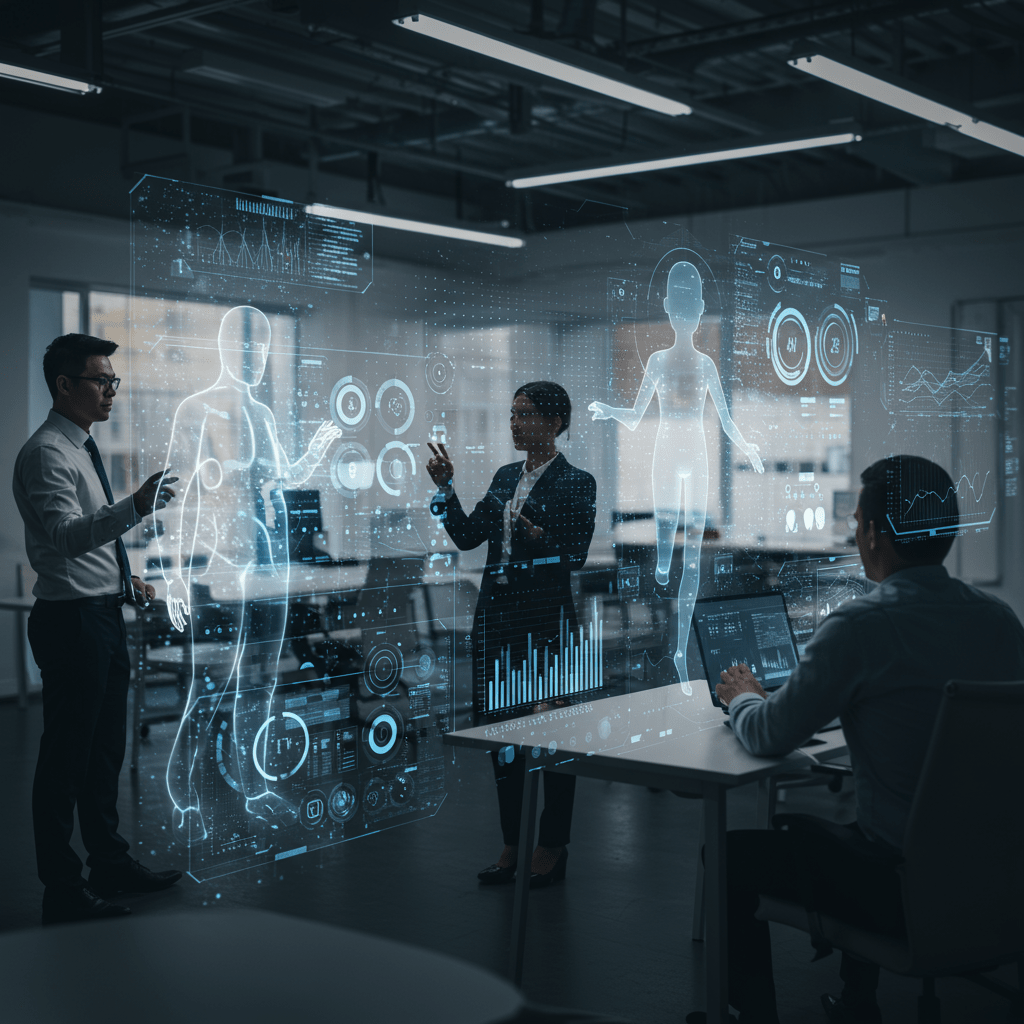 A futuristic business environment showcasing advanced AI technology and automation with diverse professionals interacting with holographic AI interfaces and digital data streams, symbolising innovation and efficiency.