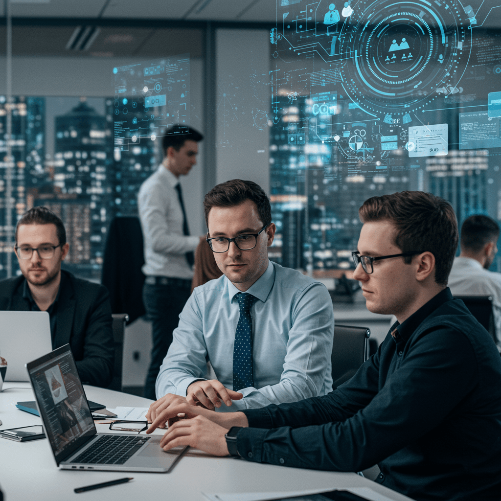Diverse tech professionals collaborating with a fractional CTO in a modern office, symbolising UK startups and SMEs in tech recruitment and leadership