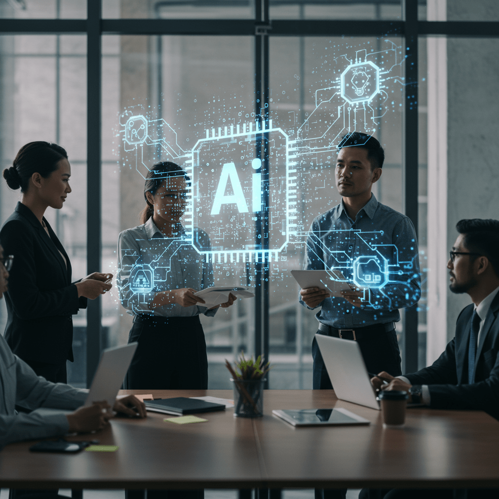 Diverse professionals collaborating in a modern office with digital AI and technology elements representing AI-driven CTO recruitment and tech leadership in the UK