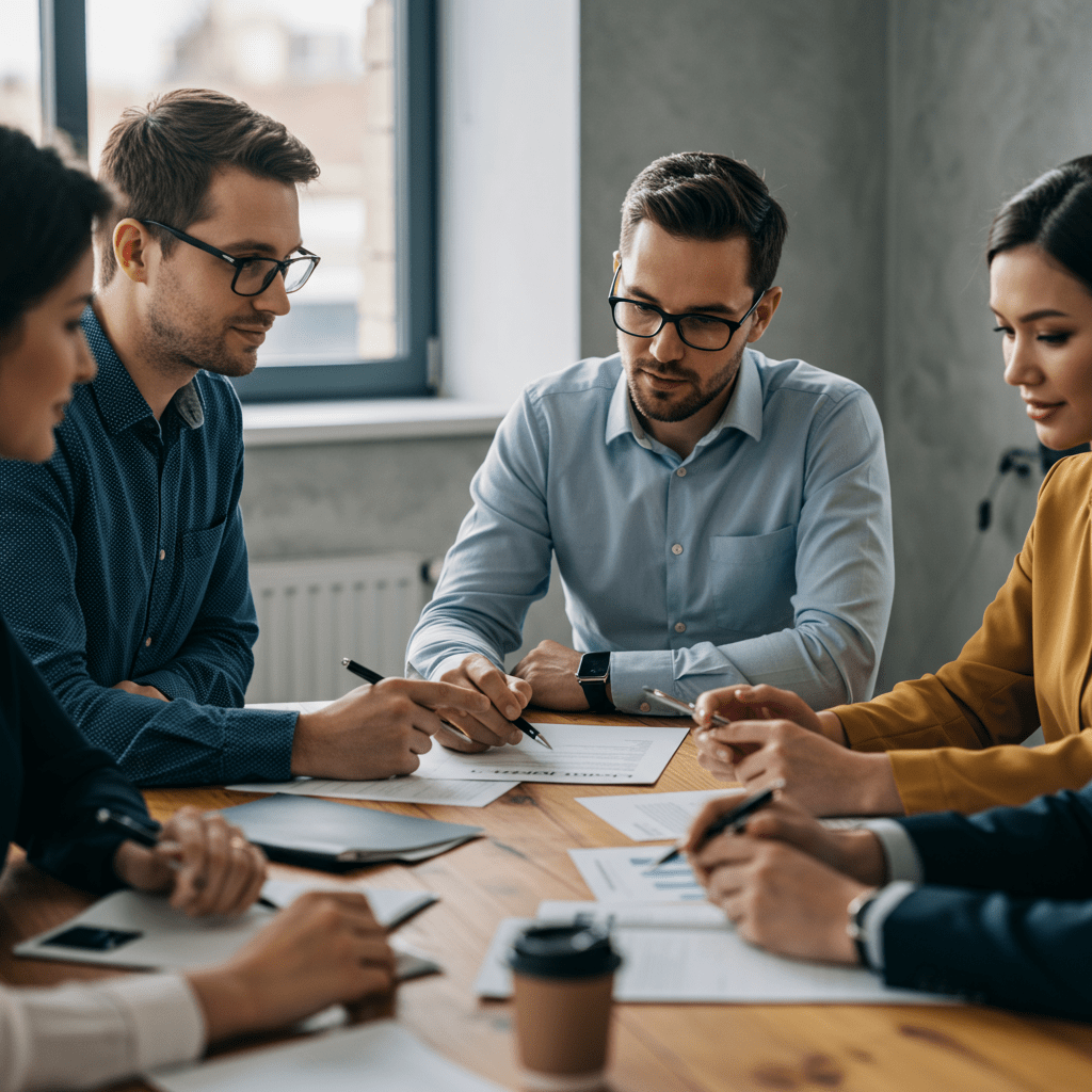 Diverse startup founders and a fractional CTO negotiating contract terms in a modern office setting