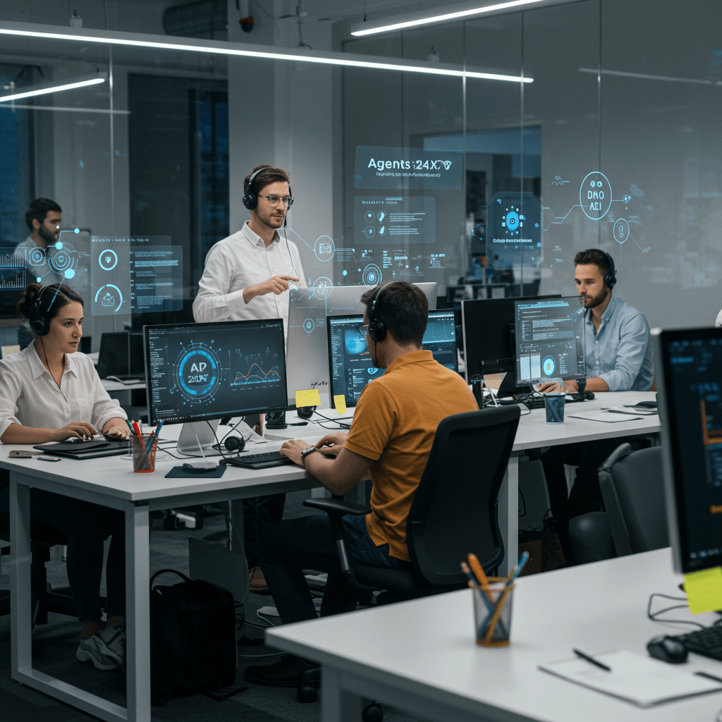 Diverse professionals in a modern UK office collaborating with AI technology, illustrating the integration of Agents24x7 AI in business automation for startups and SMEs.