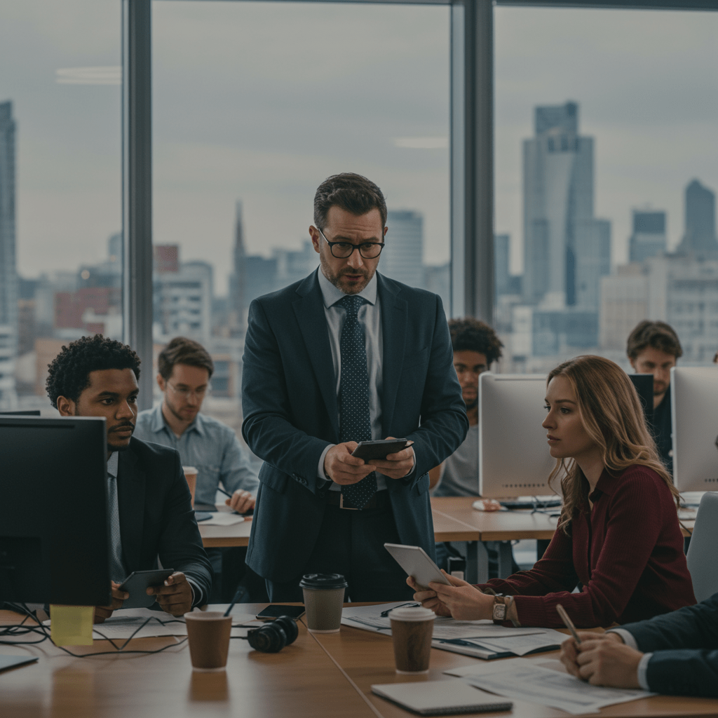 A professional interim CTO leading a diverse tech team in a modern UK startup office during a technology crisis, with a cityscape backdrop and a focus on collaboration and strategic planning.
