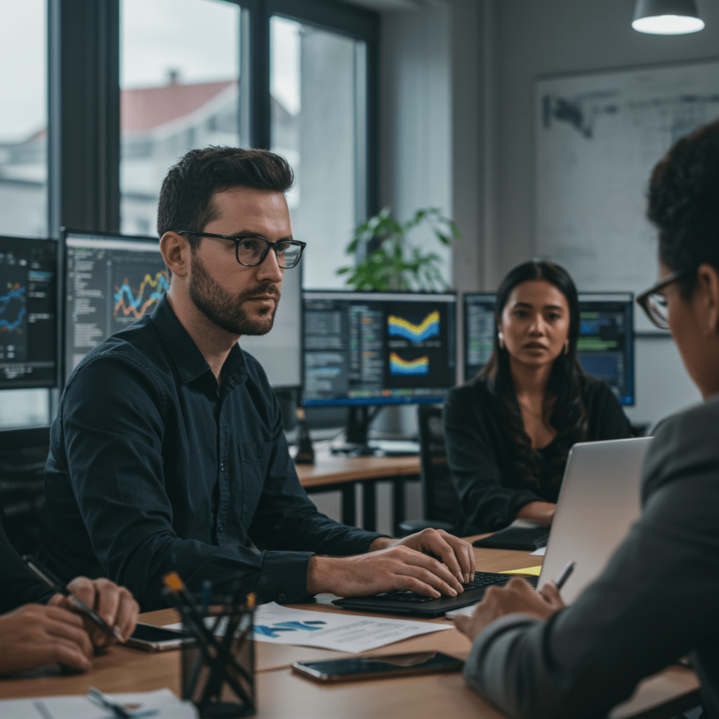 A professional UK startup CTO leading a diverse team in a modern office, managing a technology crisis with focus and collaboration
