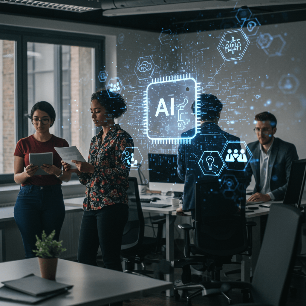 A diverse group of tech professionals collaborating in a modern office environment with digital AI elements and futuristic technology icons symbolising AI-driven recruitment and innovation in the UK tech industry