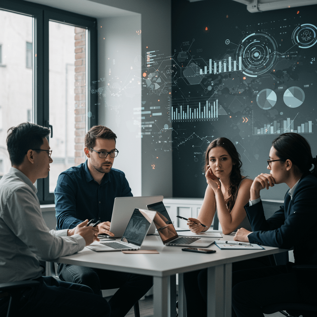 Diverse group of startup founders and a CTO in a modern office discussing technology strategy with laptops and digital charts symbolising innovation and growth opportunities in the UK startup ecosystem