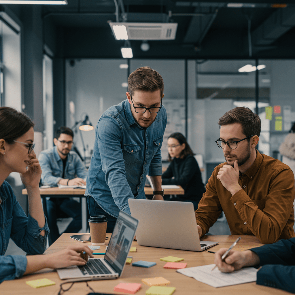 A diverse team collaborating in a modern startup office with a fractional CTO guiding outsourced IT specialists via video call, symbolising integration of outsourcing and fractional CTO services.