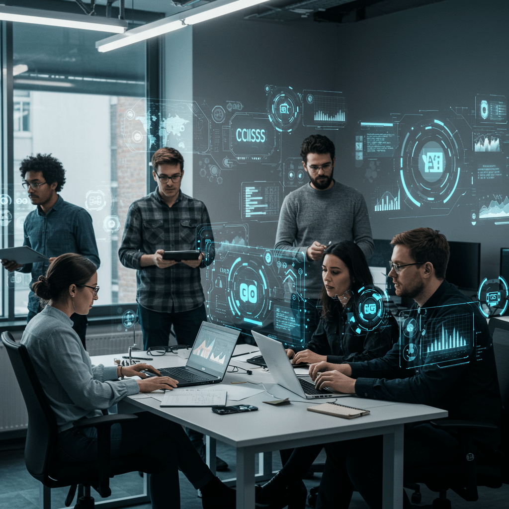 Diverse UK startup tech team collaborating with AI technology interfaces in a modern office environment representing AI-enhanced crisis management and CTO leadership
