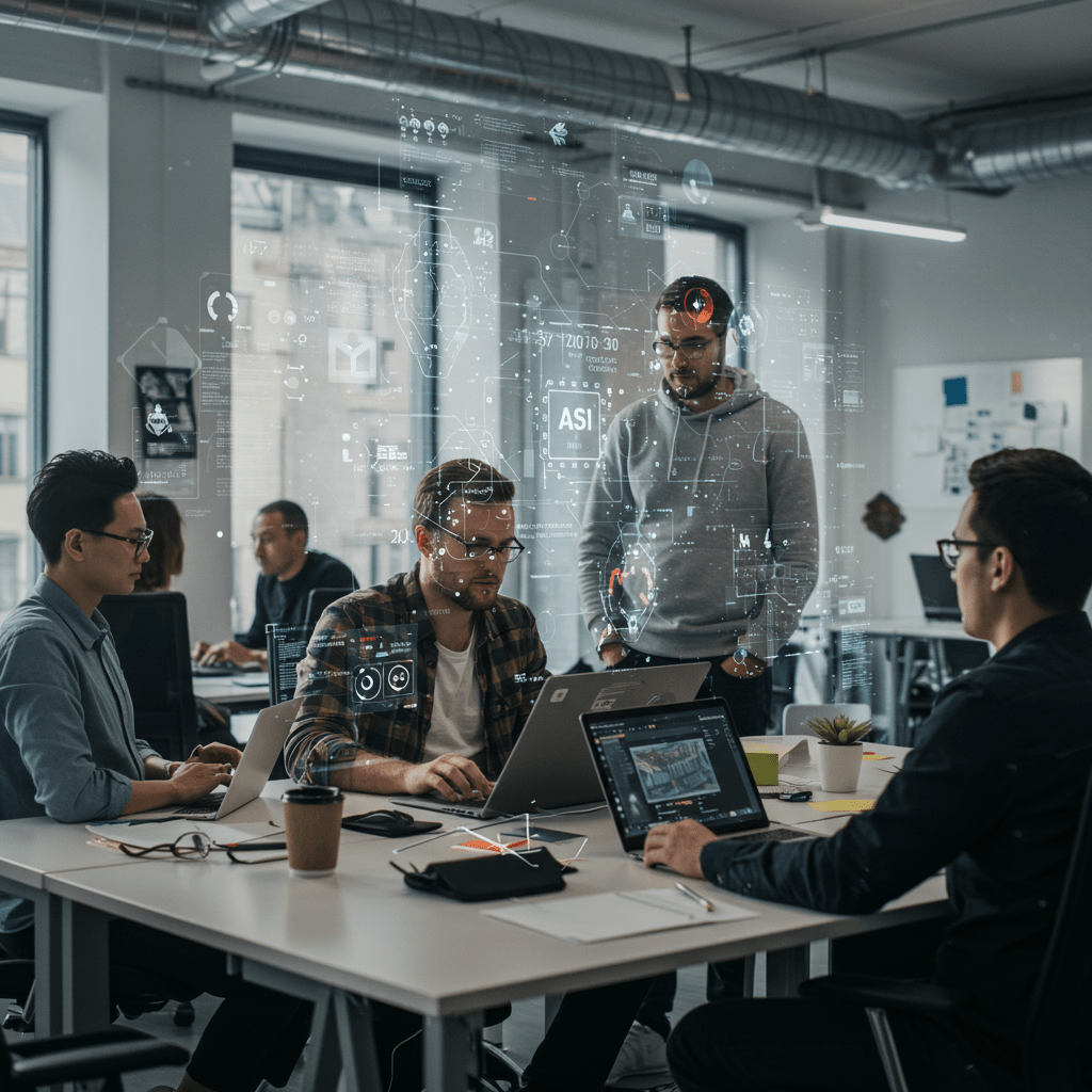 Diverse tech professionals collaborating in a modern office with AI technology elements symbolising AI-driven recruitment and resilient tech teams in the UK