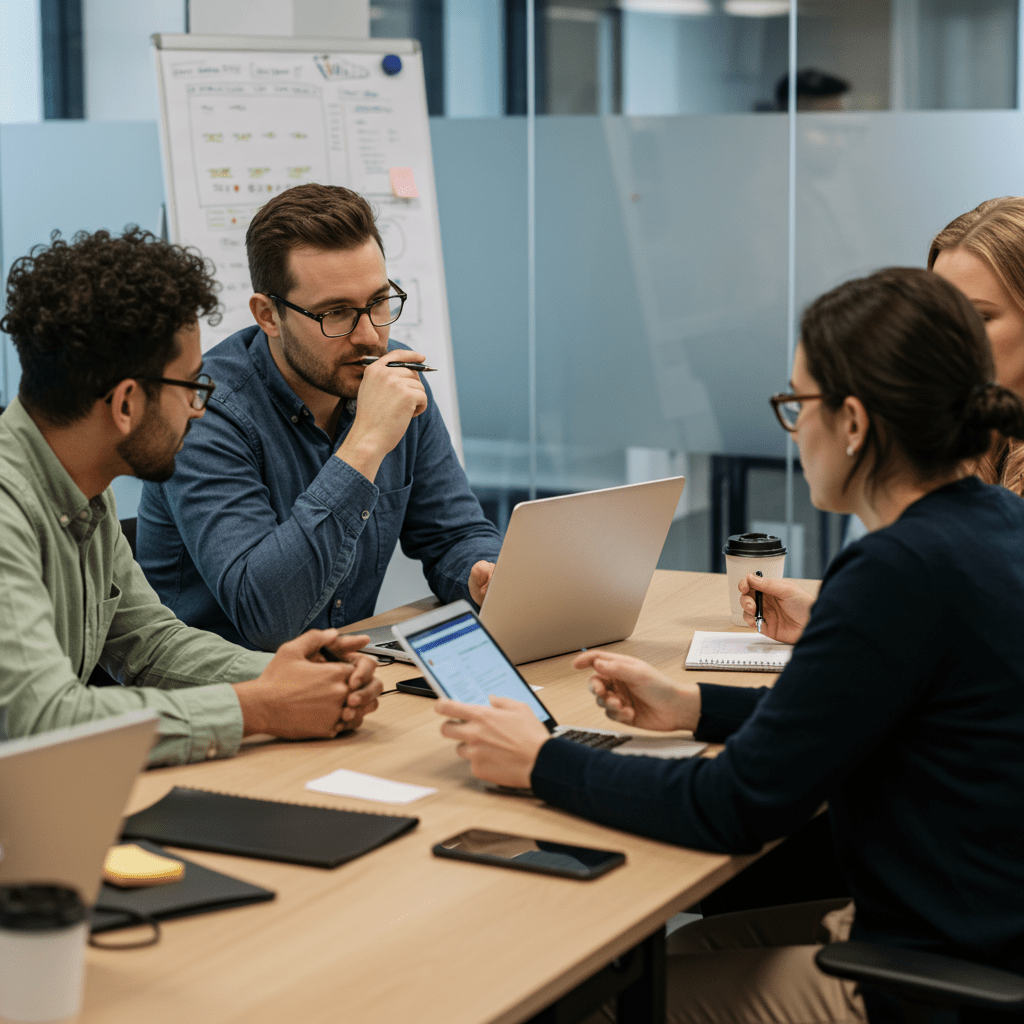 A diverse group of startup founders and a CTO consultant collaborating on technology strategy in a modern office setting, representing UK startup innovation and expert technical leadership.
