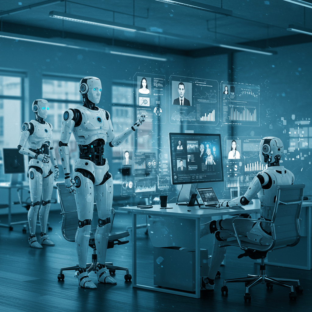 Futuristic office with AI robots and digital screens showing candidate profiles and data analytics, representing AI-driven recruitment automation