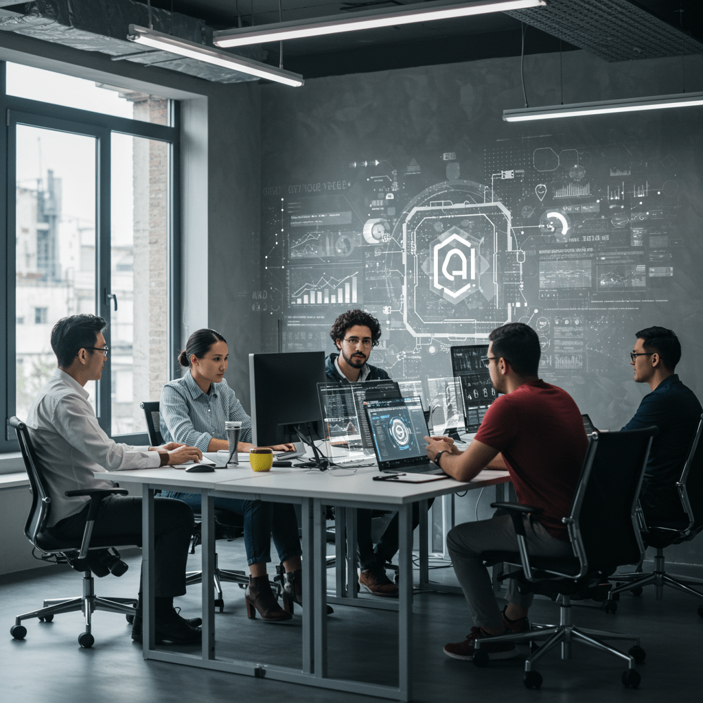 Diverse startup team collaborating with futuristic AI technology interfaces in a modern office, symbolising AI-driven tech recruitment and fractional CTO leadership.