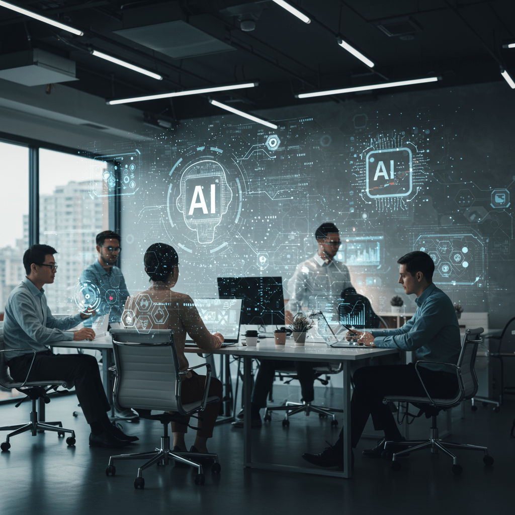 Diverse professionals collaborating with AI technology in a futuristic office environment, symbolising custom AI agents and business automation
