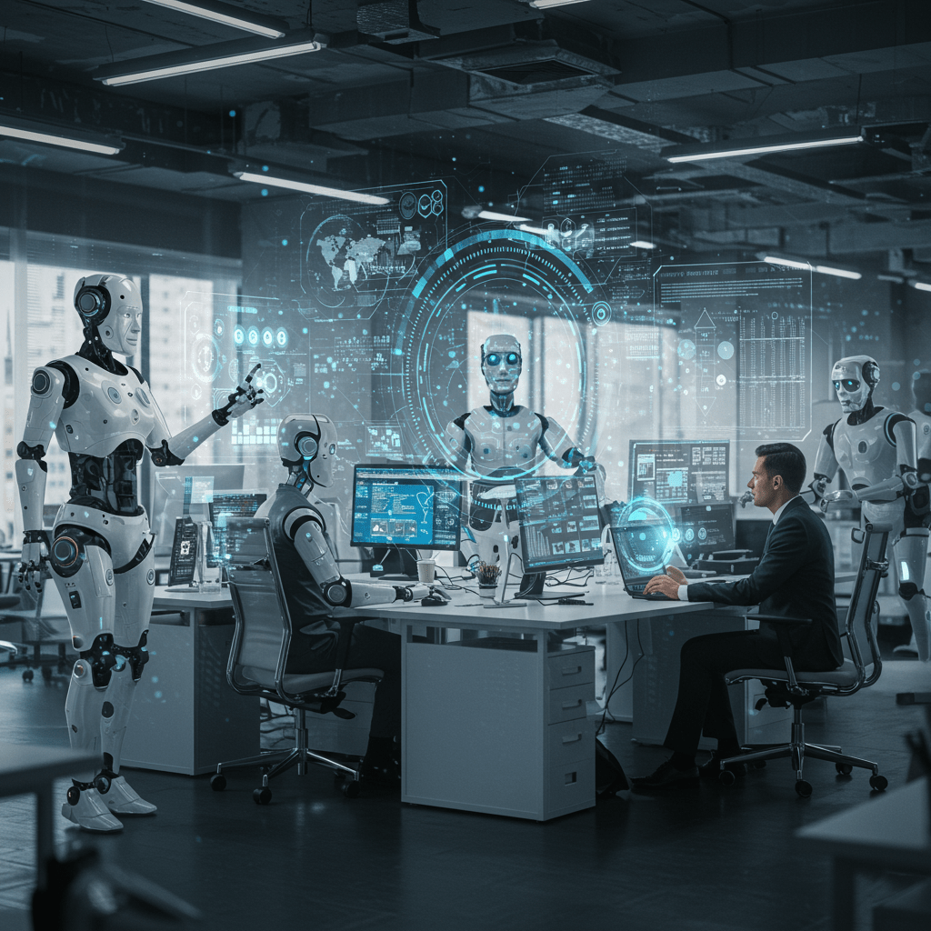 A futuristic office environment with diverse AI agents and human employees collaborating, representing AI-driven workforce integration and employee replacement.