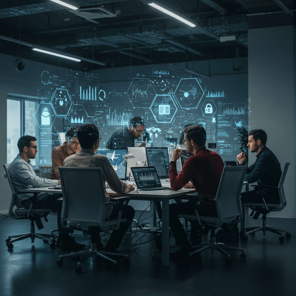 Diverse tech team collaborating in a modern office with digital data screens, symbolising resilience and crisis preparedness in UK startups