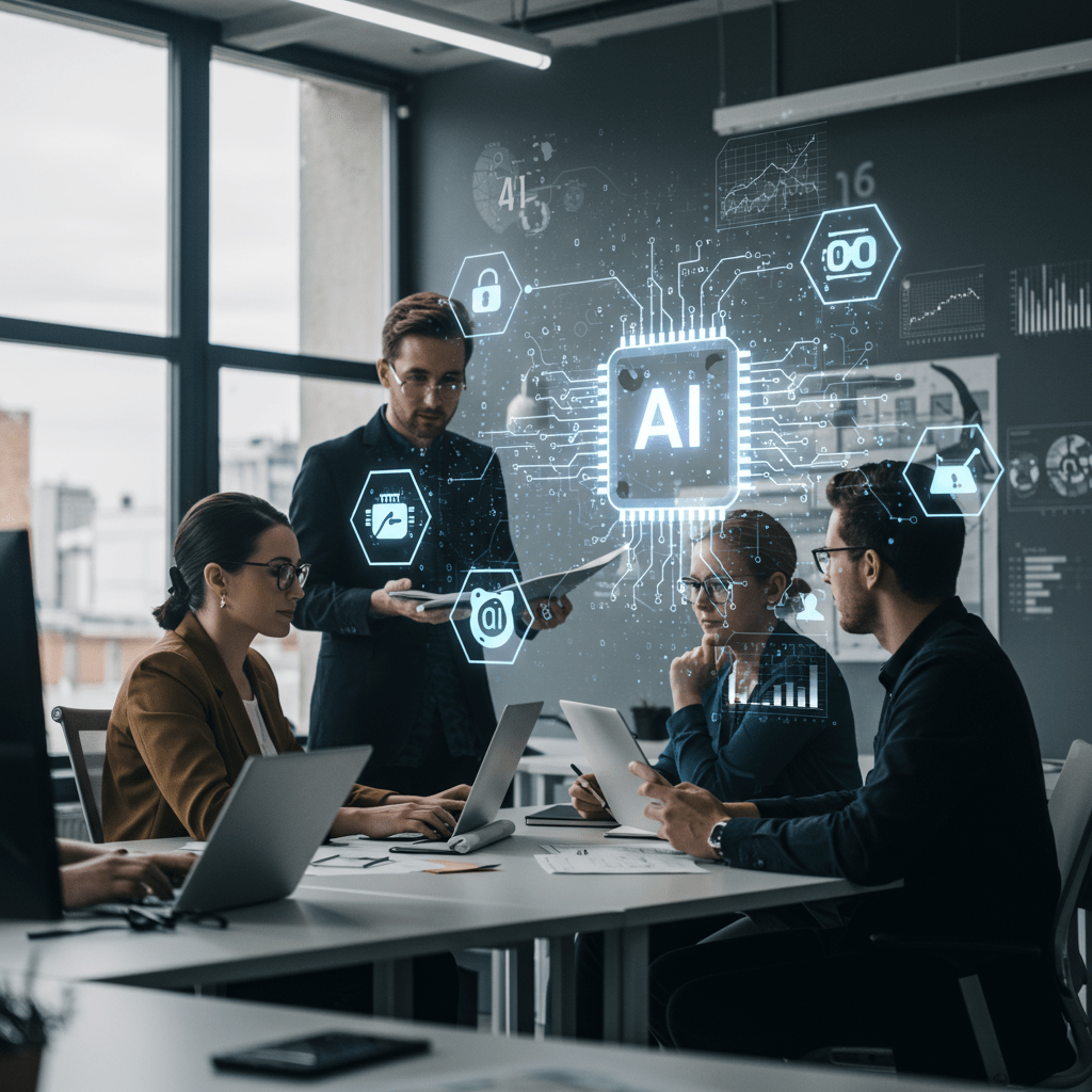 Diverse professionals collaborating in a modern office with digital AI and data analytics visuals, representing AI integration in fractional CTO services for UK startups and SMEs