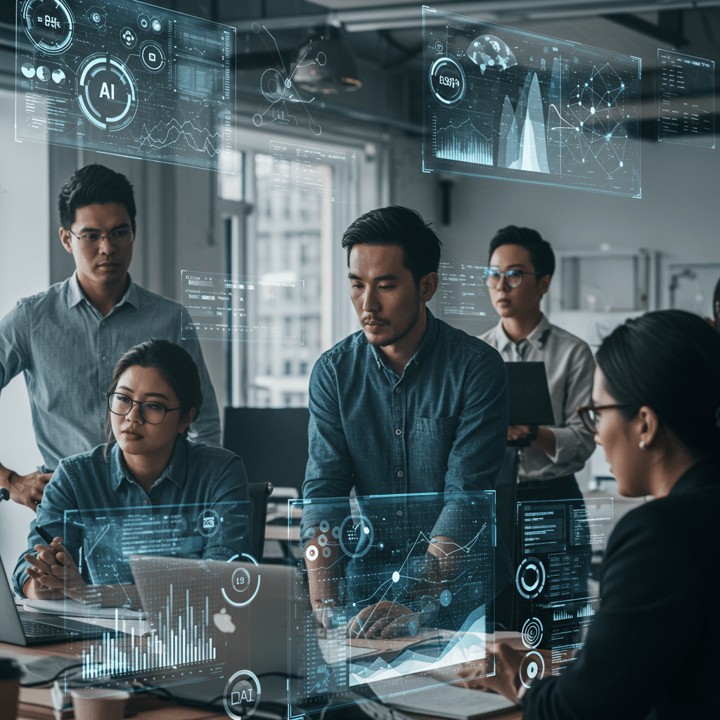 A diverse group of UK tech professionals collaborating in a modern office environment with futuristic AI technology elements like holographic data displays and digital interfaces symbolising AI-driven crisis management and innovation in tech leadership