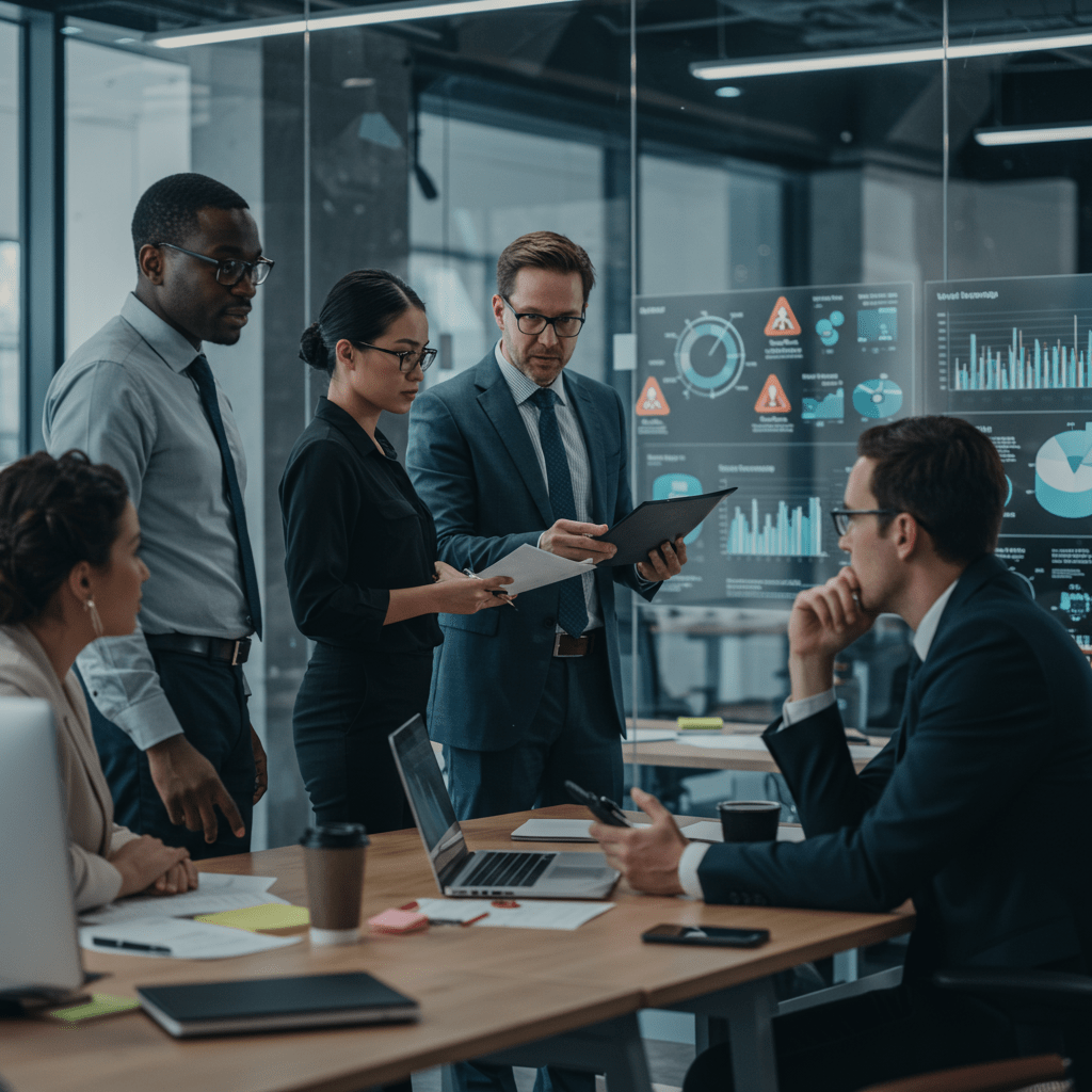 Diverse startup leaders and a fractional CTO collaborating on technology crisis management in a modern office with digital screens displaying graphs and alerts