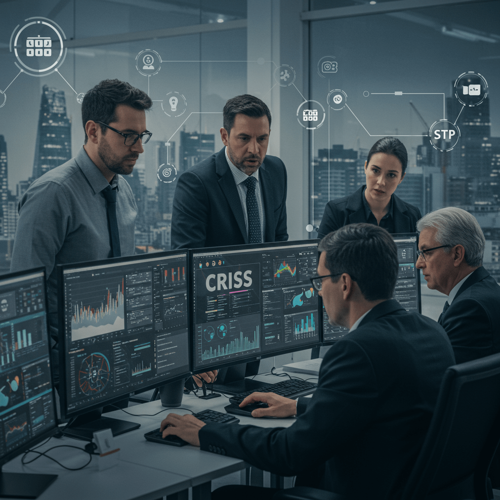 Diverse group of technology leaders collaborating in a modern office with UK startup elements, symbolising strategic crisis management and leadership.