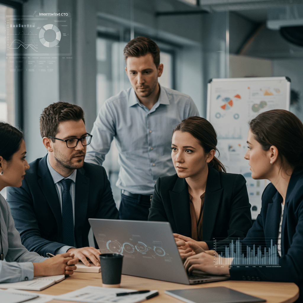 Diverse group of startup founders and an interim CTO collaborating in a modern office with technology and innovation elements, symbolising tech leadership transition in a UK startup.